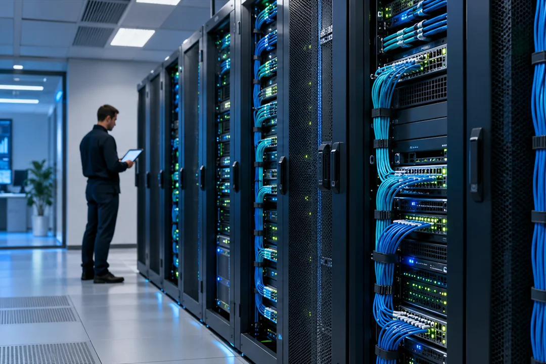 Network cabling and server infrastructure in a data centre rack