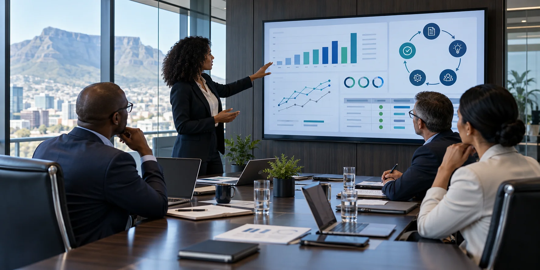 Corporate professionals in a boardroom meeting reviewing business strategy